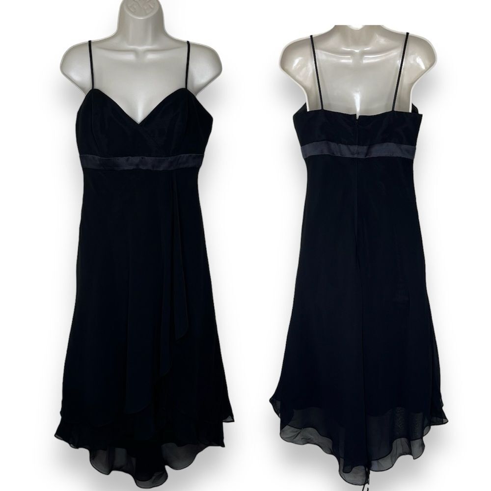 Alfred Angelo Black Satin Empire Waist Layered Chiffon Cocktail Dress Small LBD